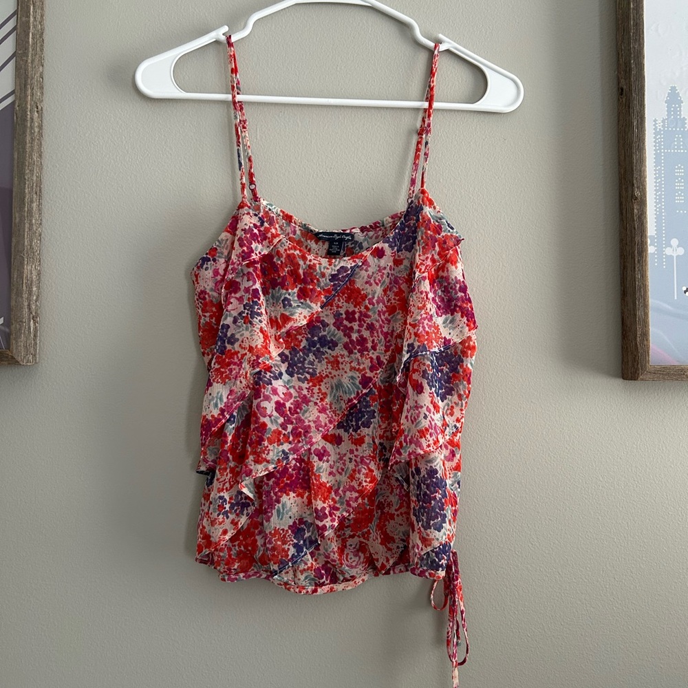 American Eagle Outfitters Pink and Red Asymmetrical Tie Front Camisole